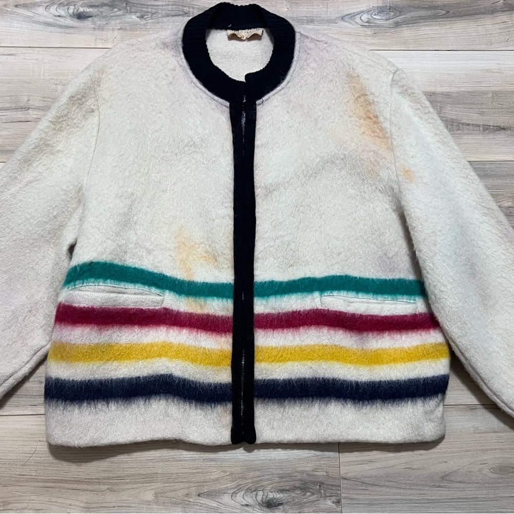Vintage 1960s Ivory Striped Hudson Bay Wool Blanket Jacket Canada Zipper Front